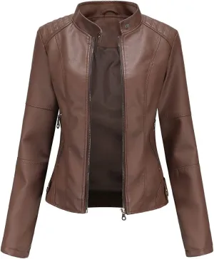 Women's Classic Faux Leather Jacket Stand Collar Zip UP Slim Fit Moto Biker Jacket