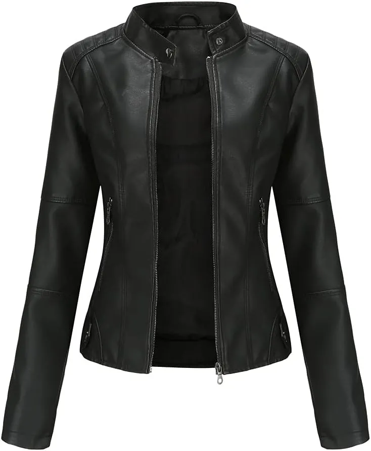 Women's Classic Faux Leather Jacket Stand Collar Zip UP Slim Fit Moto Biker Jacket