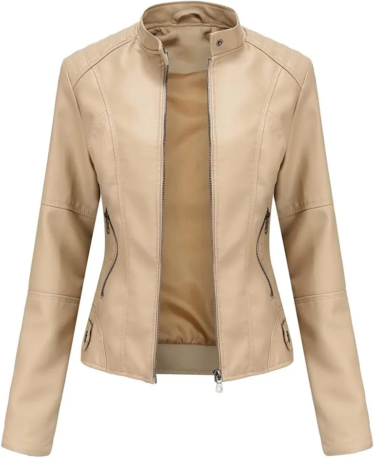 Women's Classic Faux Leather Jacket Stand Collar Zip UP Slim Fit Moto Biker Jacket
