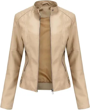 Women's Classic Faux Leather Jacket Stand Collar Zip UP Slim Fit Moto Biker Jacket