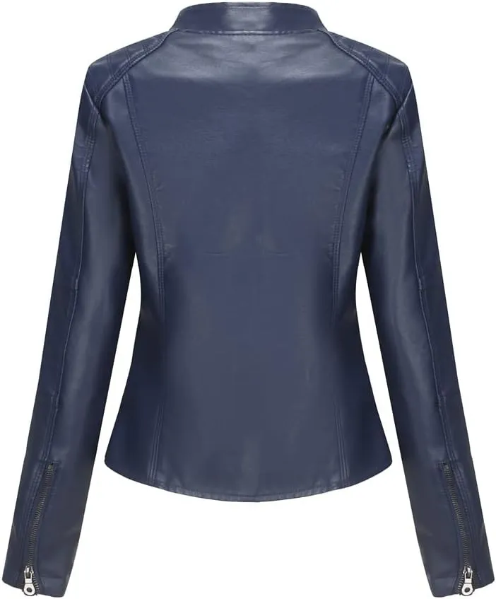 Women's Classic Faux Leather Jacket Stand Collar Zip UP Slim Fit Moto Biker Jacket
