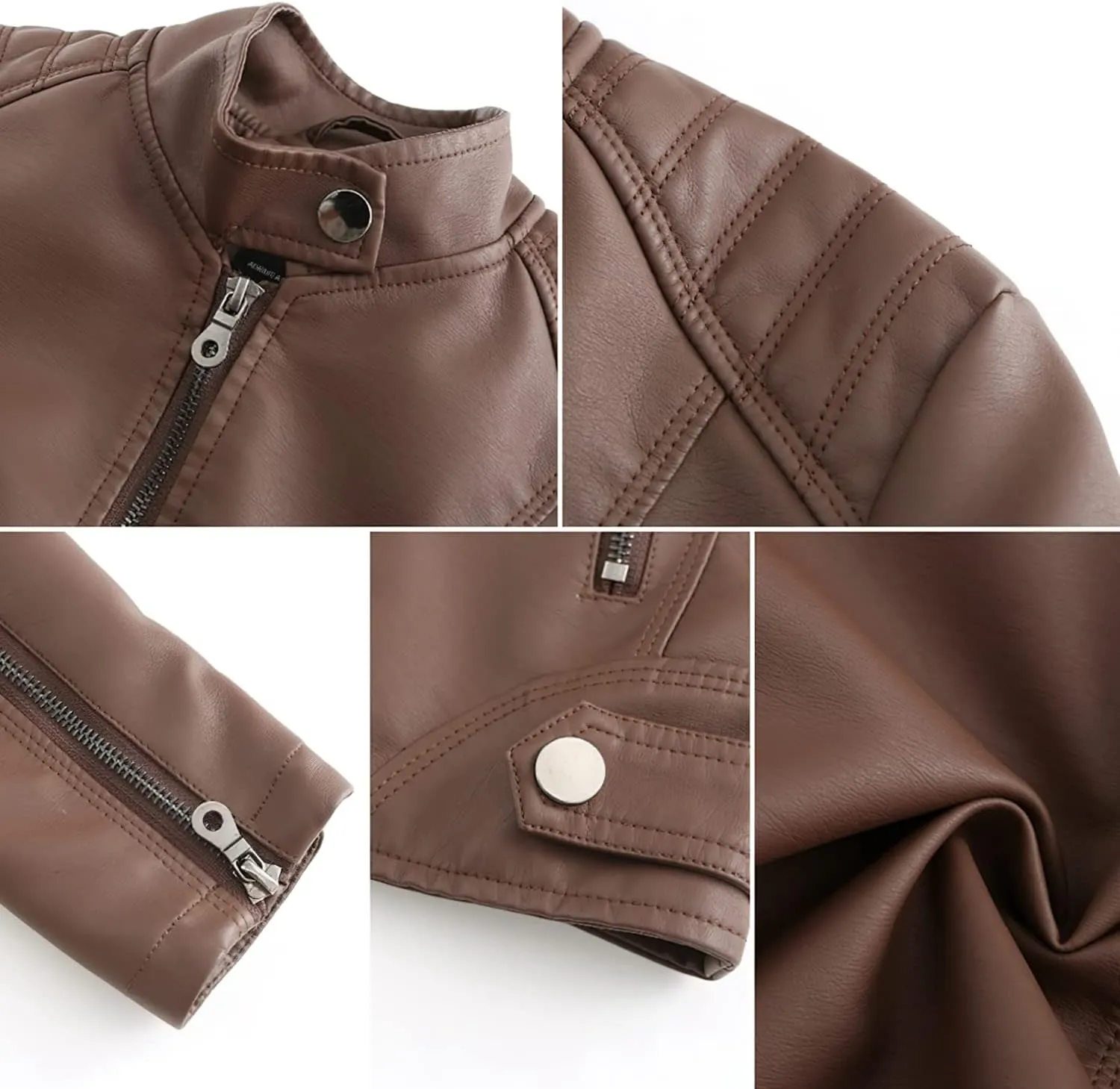 Women's Classic Faux Leather Jacket Stand Collar Zip UP Slim Fit Moto Biker Jacket