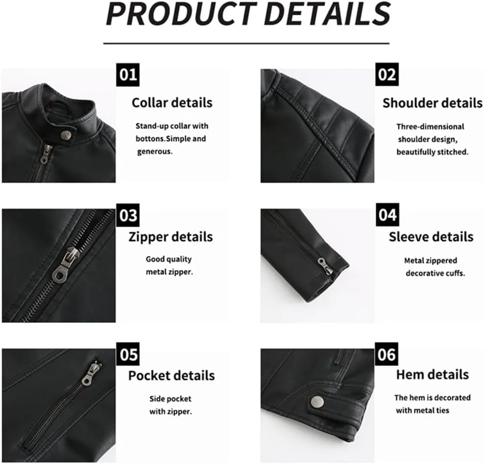 Women's Classic Faux Leather Jacket Stand Collar Zip UP Slim Fit Moto Biker Jacket