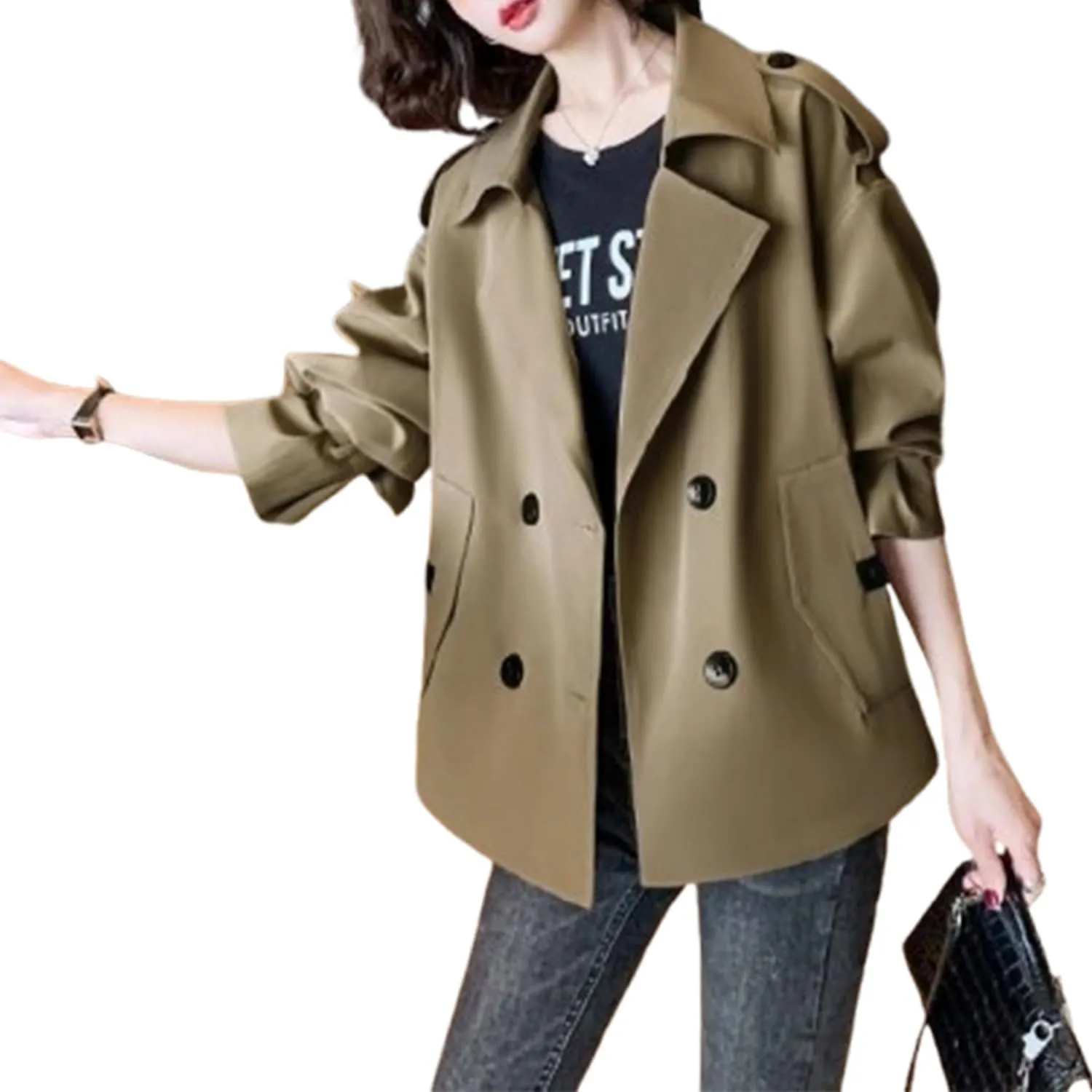 Womens Cropped Trench Coat,Womens Crop Double Breasted Trench Coat,Long Sleeve Lapel Loose Fit Jackets with Pockets