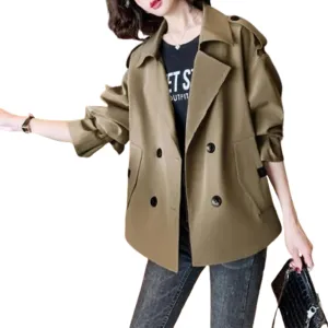 Womens Cropped Trench Coat,Womens Crop Double Breasted Trench Coat,Long Sleeve Lapel Loose Fit Jackets with Pockets