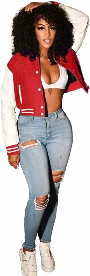 Women's Cropped Varsity Jacket Long Sleeve Casual Baseball Jacket Color Block Vintage Button Down Bomber Jackets