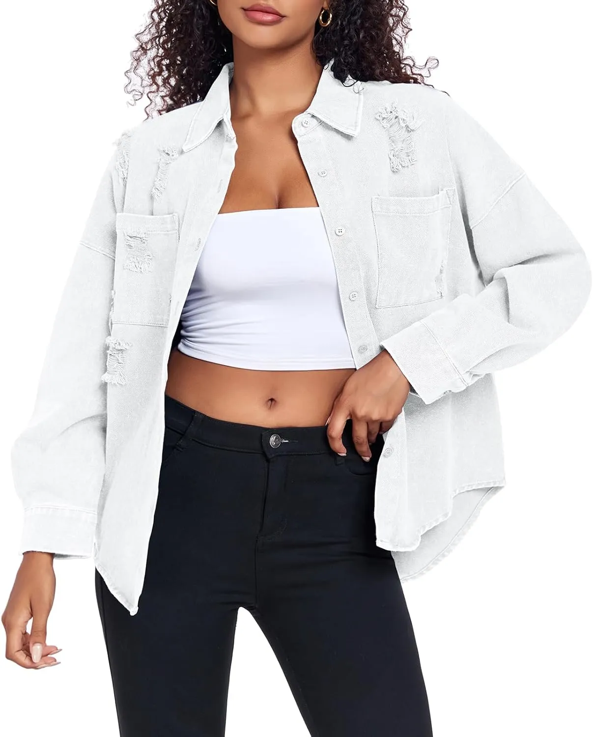 Womens Denim Jacket Oversized Button Down Jean Jacket Boyfriend Ripped Washed Jean Jackets Coat with Pockets