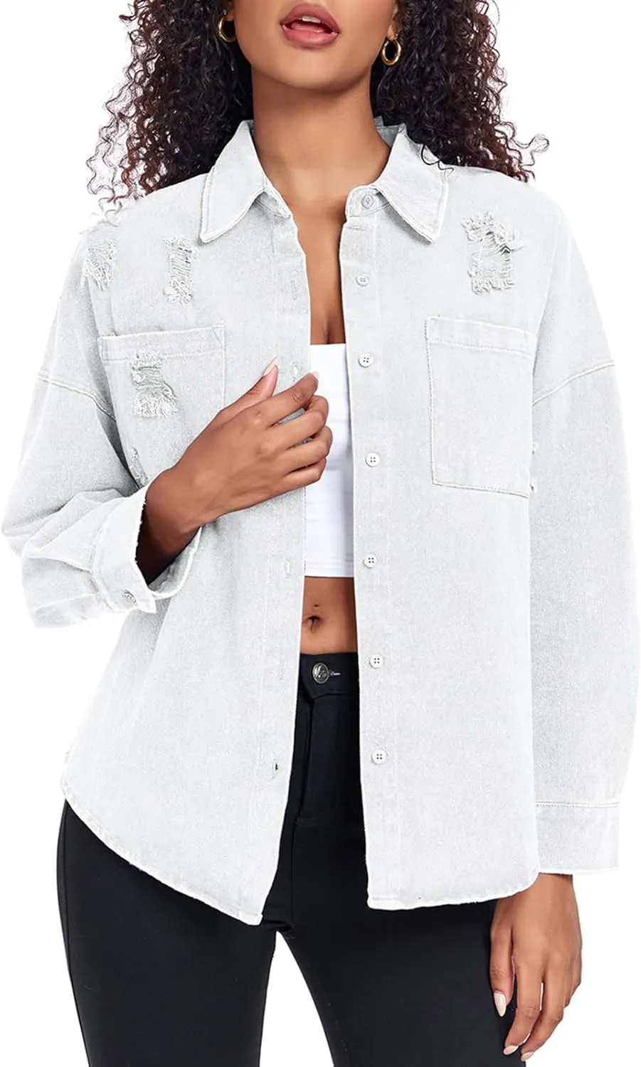 Womens Denim Jacket Oversized Button Down Jean Jacket Boyfriend Ripped Washed Jean Jackets Coat with Pockets