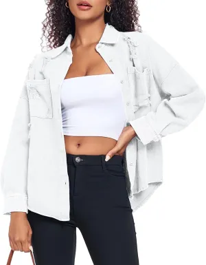 Womens Denim Jacket Oversized Button Down Jean Jacket Boyfriend Ripped Washed Jean Jackets Coat with Pockets