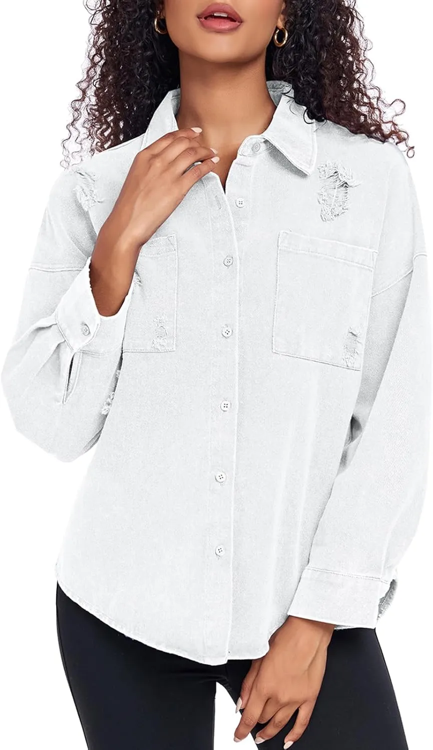 Womens Denim Jacket Oversized Button Down Jean Jacket Boyfriend Ripped Washed Jean Jackets Coat with Pockets
