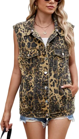 Women's Denim Vest Oversized Casual Classic Sleeveless Button Denim Jacket