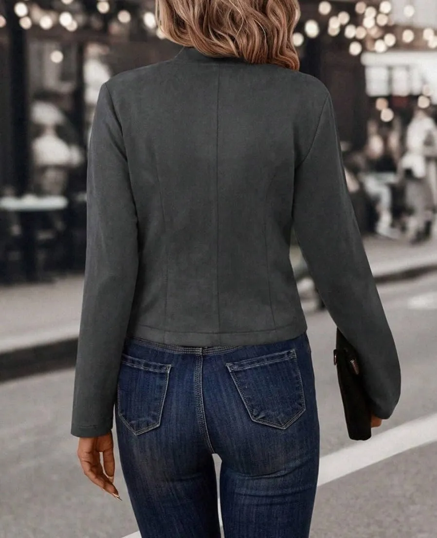 Women's Faux Suede Jackets 2025 Fall Casual Business Long Sleeve Open Front Cropped Blazer Jacket Coat