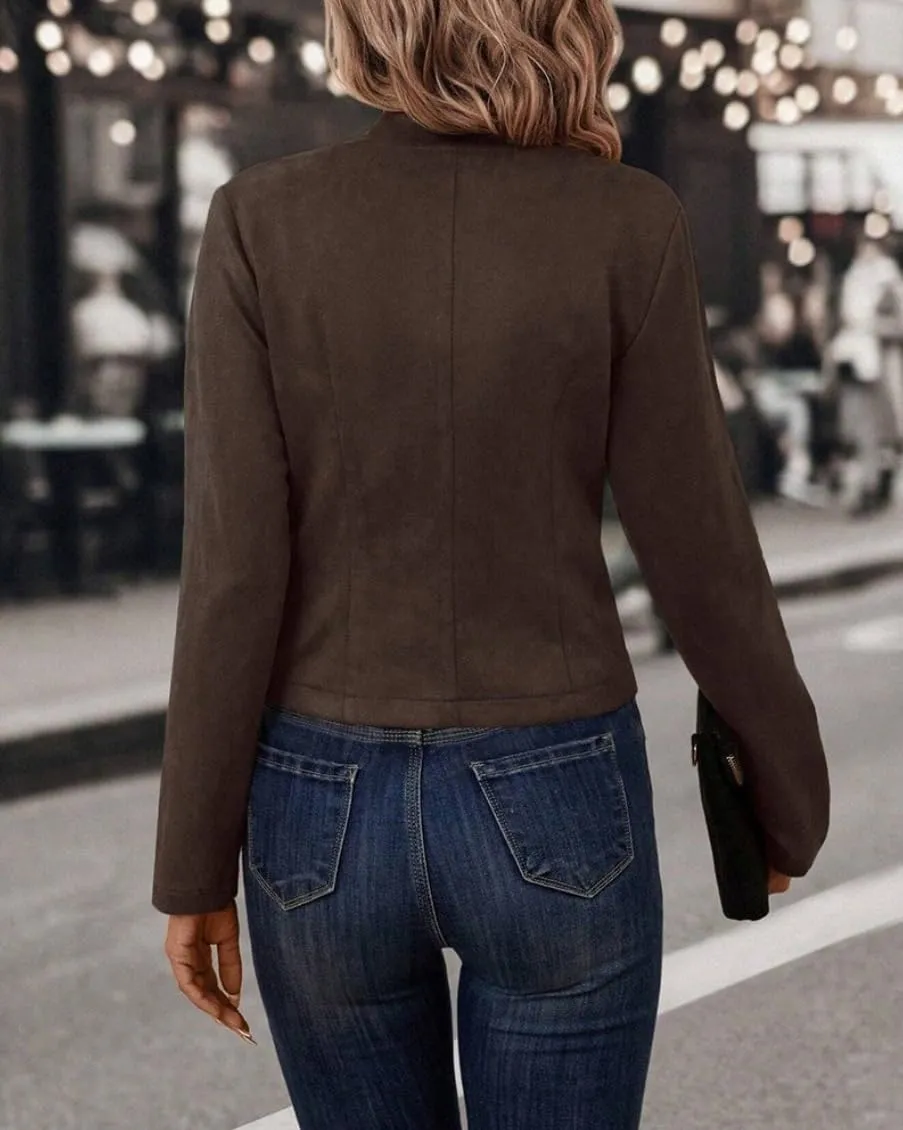Women's Faux Suede Jackets 2025 Fall Casual Business Long Sleeve Open Front Cropped Blazer Jacket Coat