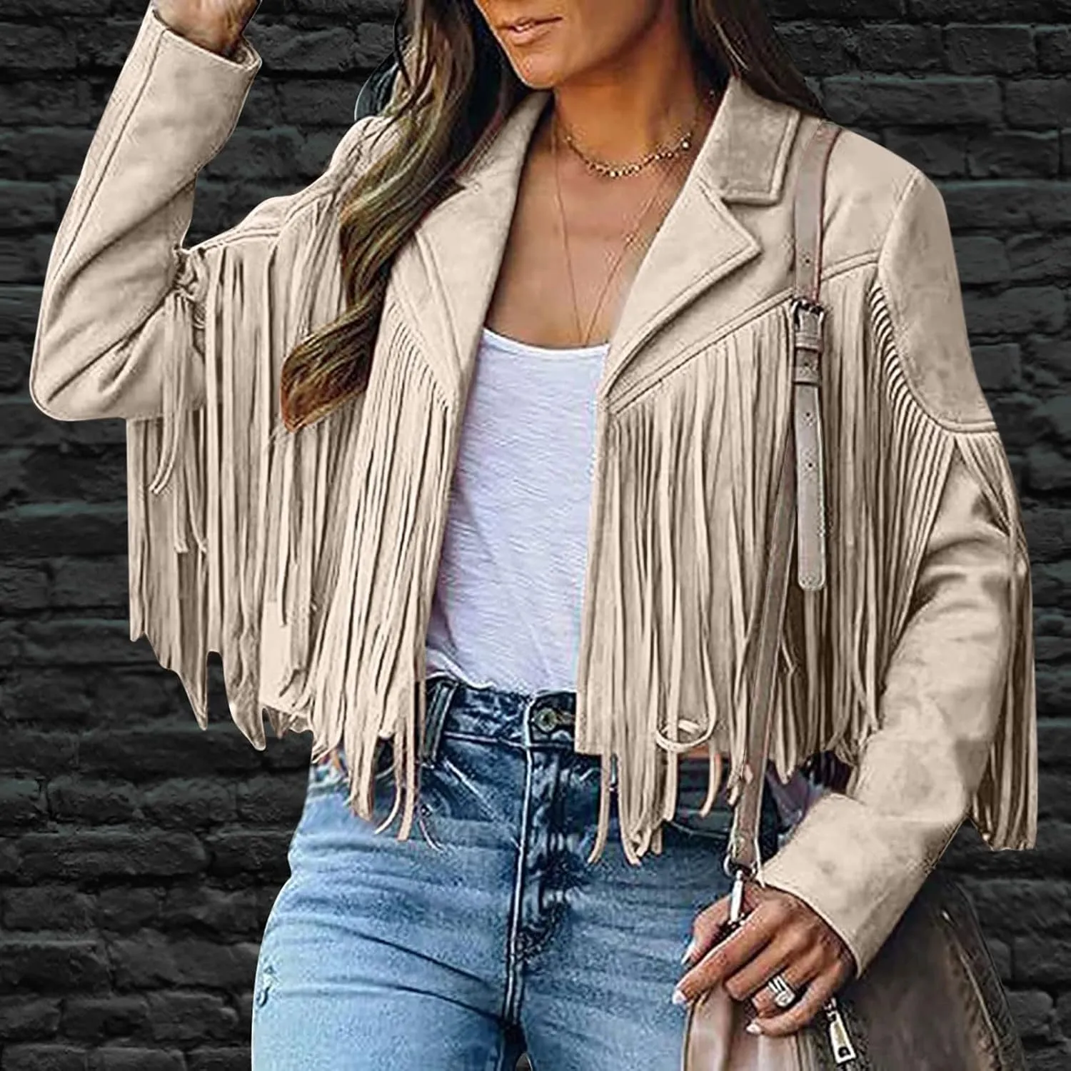 Womens Fringe Faux Suede Leather Jackets Fashion Tassel Motorcycle Cropped Coats Hippie Boyfriend Outwear Moto Coat