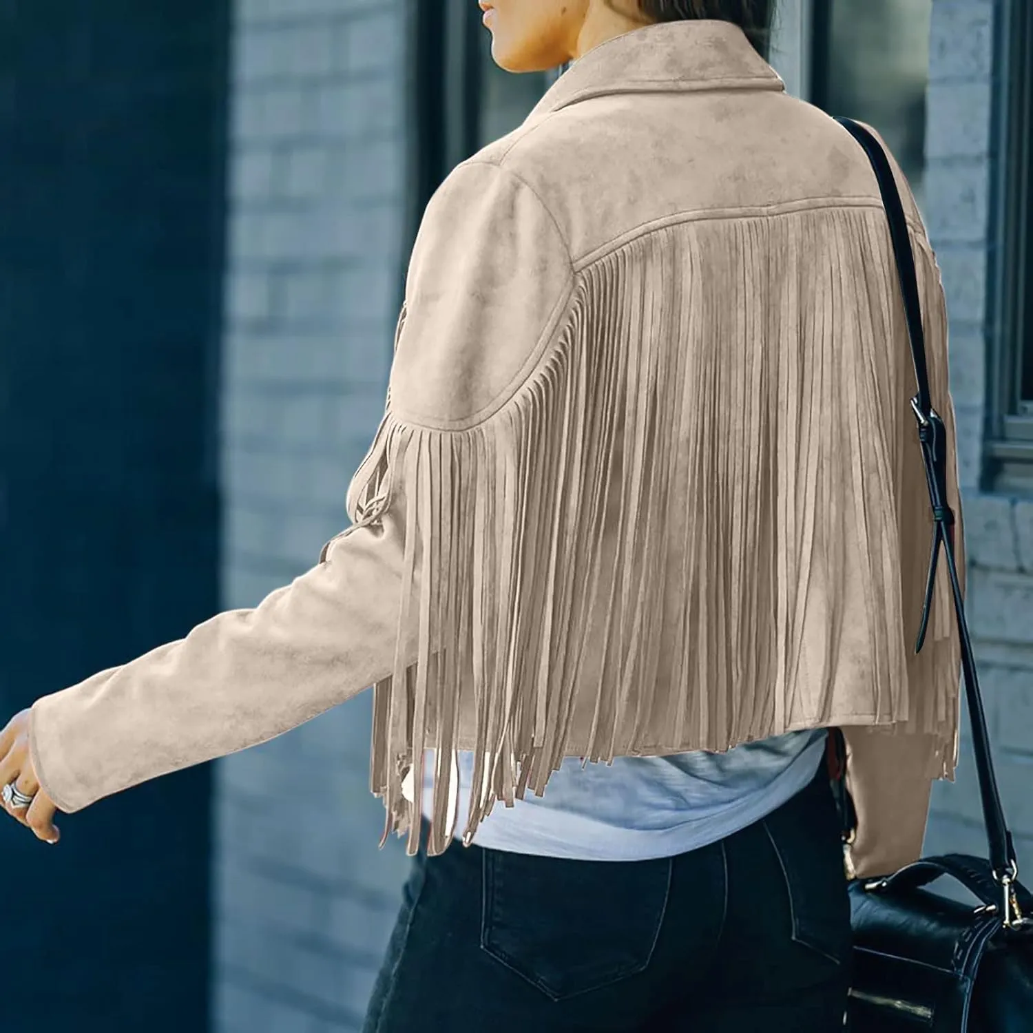 Womens Fringe Faux Suede Leather Jackets Fashion Tassel Motorcycle Cropped Coats Hippie Boyfriend Outwear Moto Coat