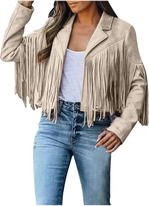 Womens Fringe Faux Suede Leather Jackets Fashion Tassel Motorcycle Cropped Coats Hippie Boyfriend Outwear Moto Coat