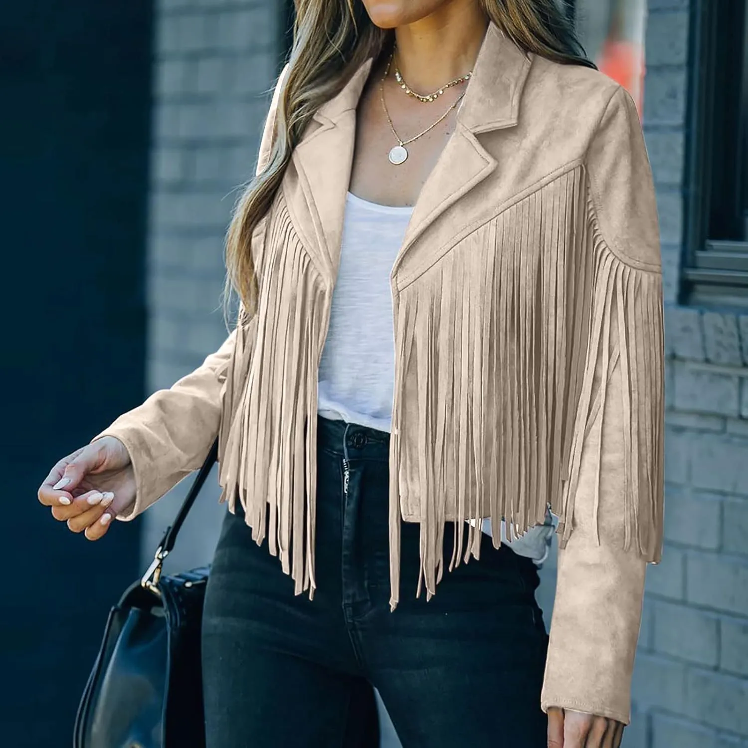 Womens Fringe Faux Suede Leather Jackets Fashion Tassel Motorcycle Cropped Coats Hippie Boyfriend Outwear Moto Coat