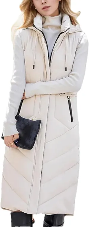 Women's Jacket With Long Cotton Waistcoat Over-The-Knee Hooded Padded Sleeveless Vest Warm Coats
