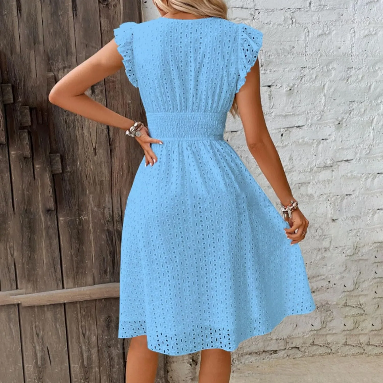 Women's Lace Jacquard Cutout Maxi Dress Summer Casual Boho Dress Ruffle Sleeve A Line Dresses Flowy Swing Sun Dress