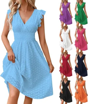 Women's Lace Jacquard Cutout Maxi Dress Summer Casual Boho Dress Ruffle Sleeve A Line Dresses Flowy Swing Sun Dress