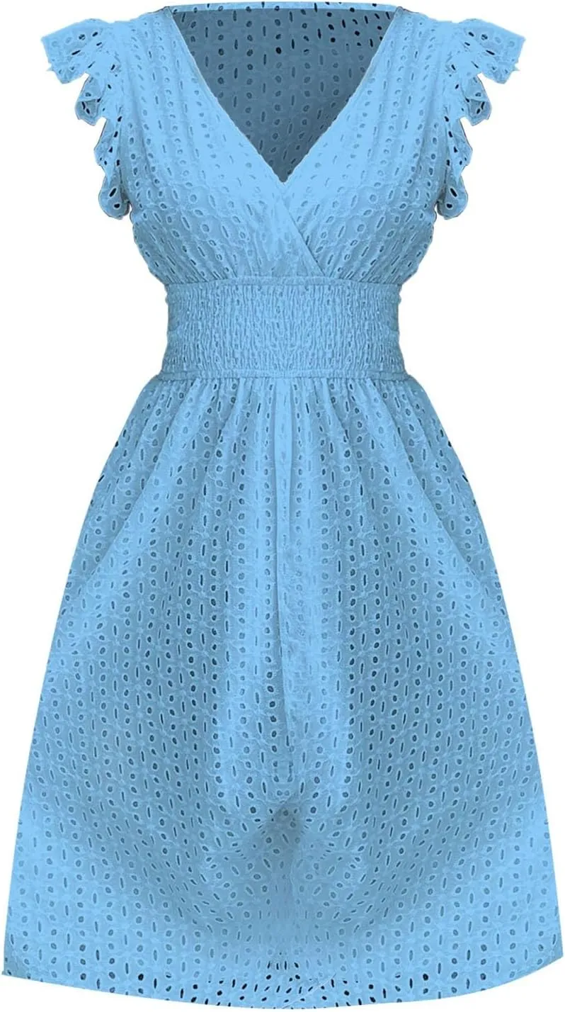 Women's Lace Jacquard Cutout Maxi Dress Summer Casual Boho Dress Ruffle Sleeve A Line Dresses Flowy Swing Sun Dress