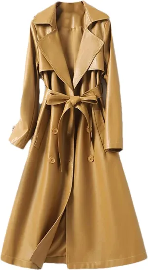 Women's Lambskin Leather Trench Coat - Double-Breasted Winter Mid-Length Real Lambskin Leather Coats With Belt