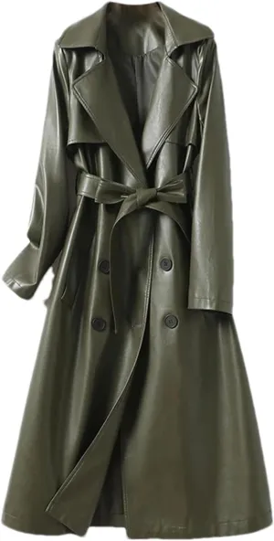 Women's Lambskin Leather Trench Coat - Double-Breasted Winter Mid-Length Real Lambskin Leather Coats With Belt