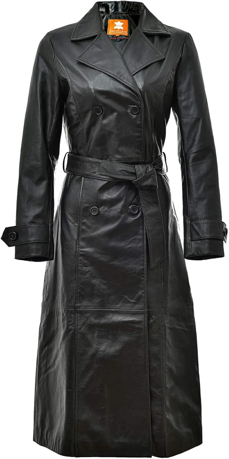Women's Leather Long coat, Double Breasted Trench, Real Lambskin Duster Overcoat