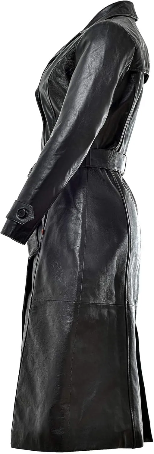 Women's Leather Long coat, Double Breasted Trench, Real Lambskin Duster Overcoat
