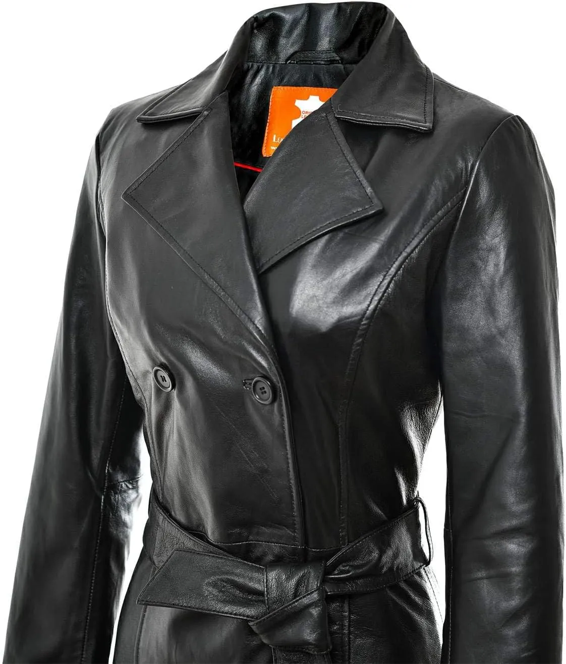 Women's Leather Long coat, Double Breasted Trench, Real Lambskin Duster Overcoat