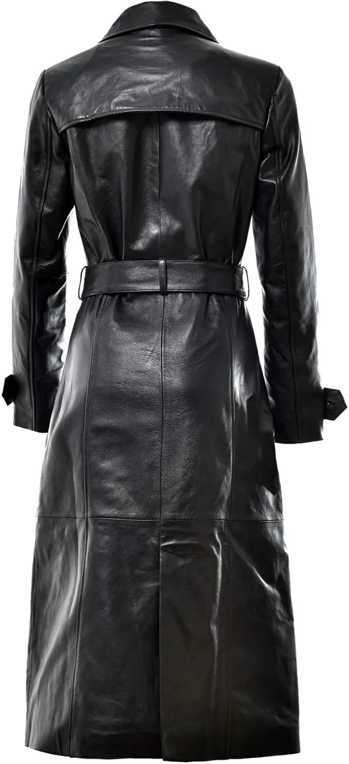 Women's Leather Long coat, Double Breasted Trench, Real Lambskin Duster Overcoat