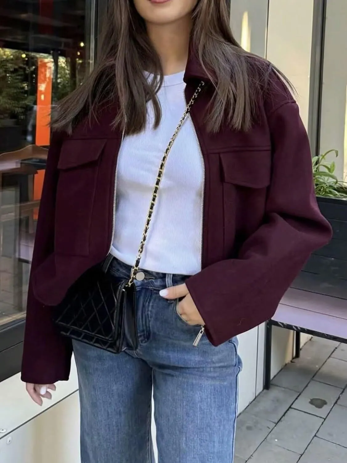 Women's Pea Coat Trench Jacket Casual Large Pocket Zipper Jacket