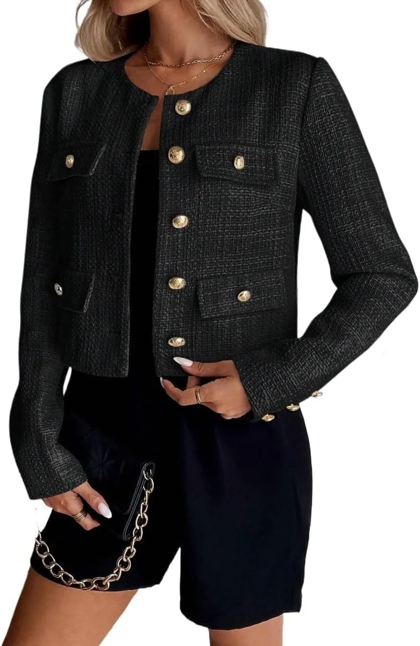 Women's Pea Coat Trench Jacket Elegant Thick Plaid Button Up Long Sleeve Coat