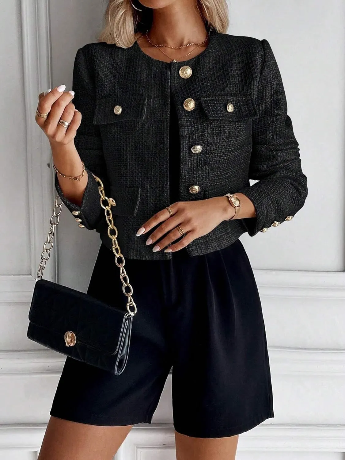 Women's Pea Coat Trench Jacket Elegant Thick Plaid Button Up Long Sleeve Coat