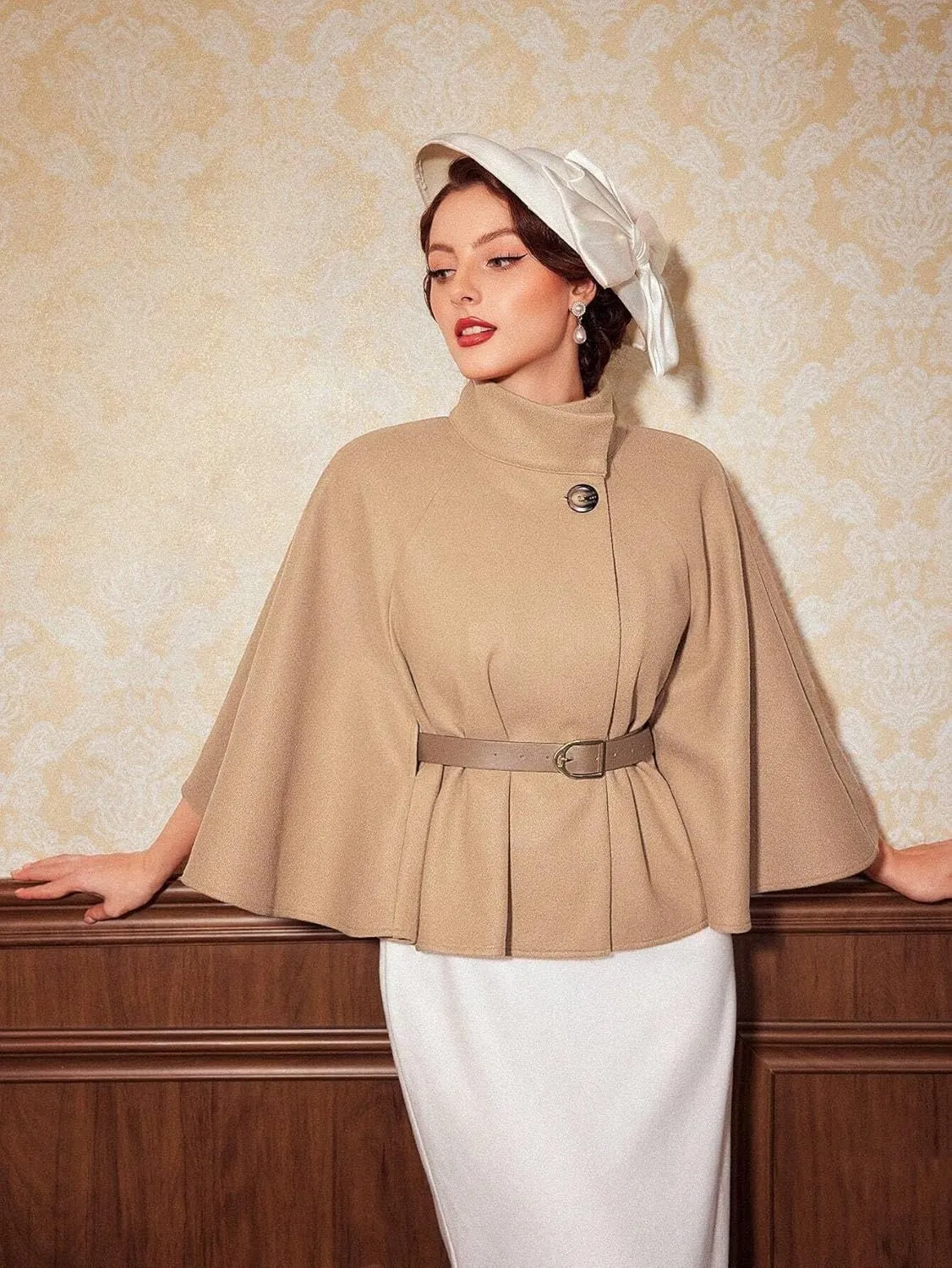 Women's Pea Coat Trench Jacket Mock Neck Cloak Sleeve Belted Cape Overcoat