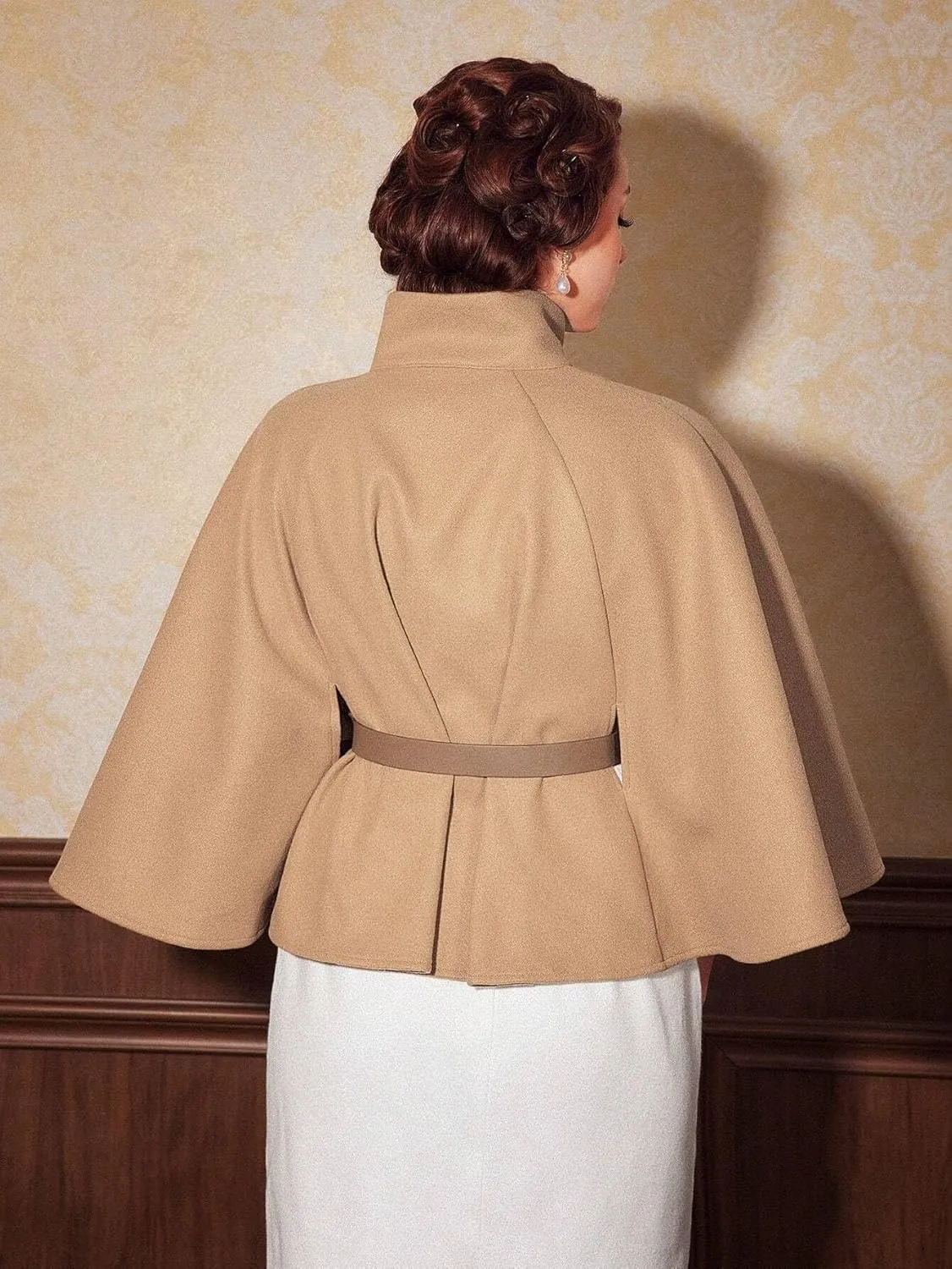 Women's Pea Coat Trench Jacket Mock Neck Cloak Sleeve Belted Cape Overcoat