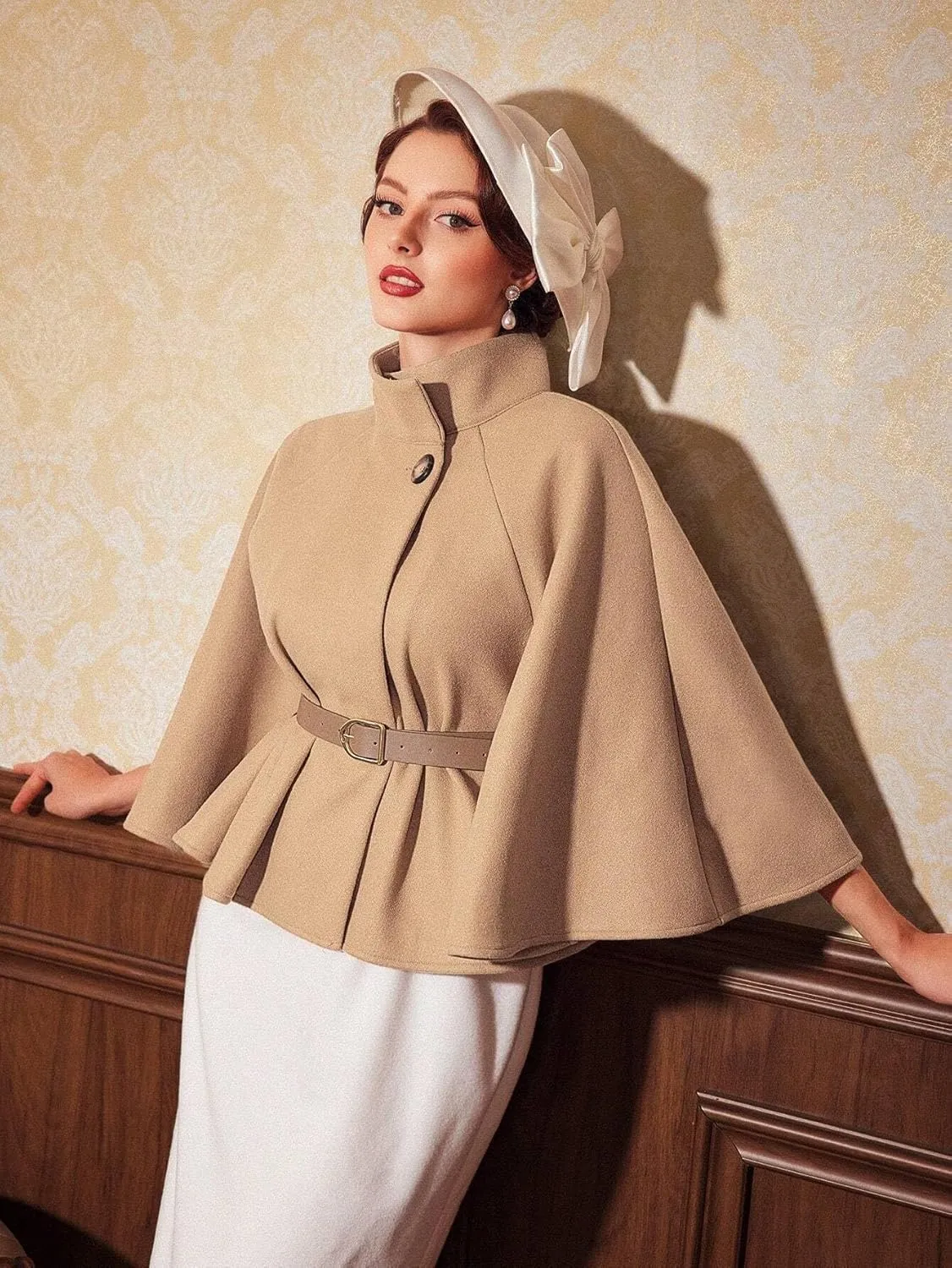 Women's Pea Coat Trench Jacket Mock Neck Cloak Sleeve Belted Cape Overcoat