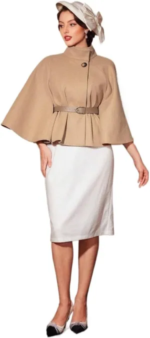 Women's Pea Coat Trench Jacket Mock Neck Cloak Sleeve Belted Cape Overcoat