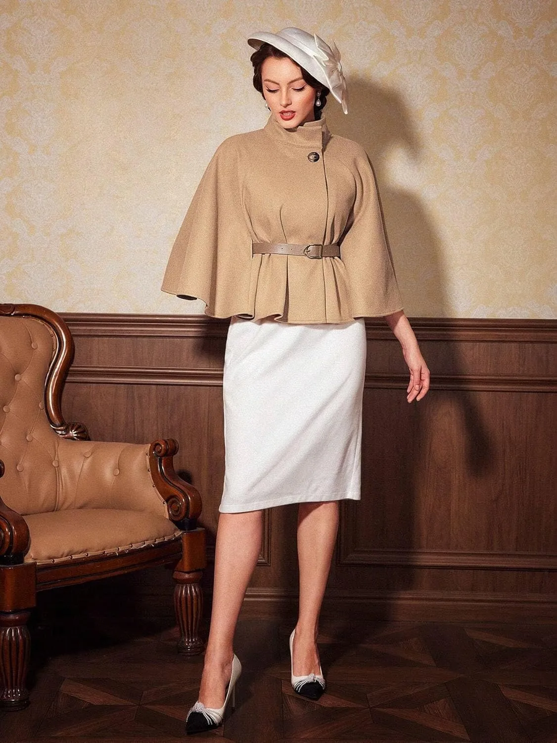 Women's Pea Coat Trench Jacket Mock Neck Cloak Sleeve Belted Cape Overcoat