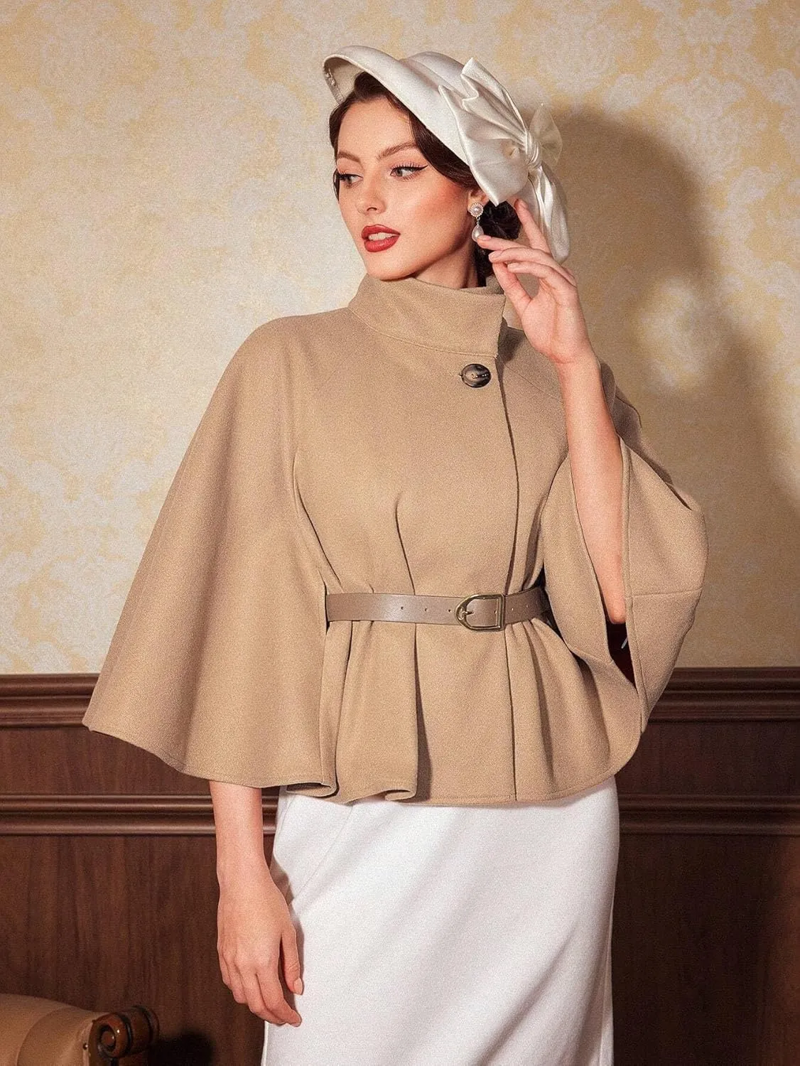 Women's Pea Coat Trench Jacket Mock Neck Cloak Sleeve Belted Cape Overcoat