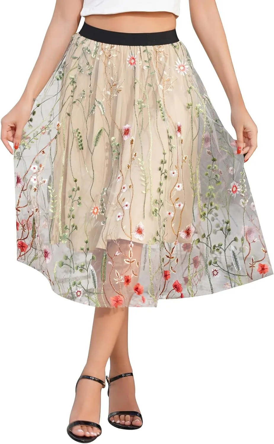 Women's Retro 50s Vintage 1950s Floral Tulle Embroidery Flared A-Line Pleated Midi Skirts