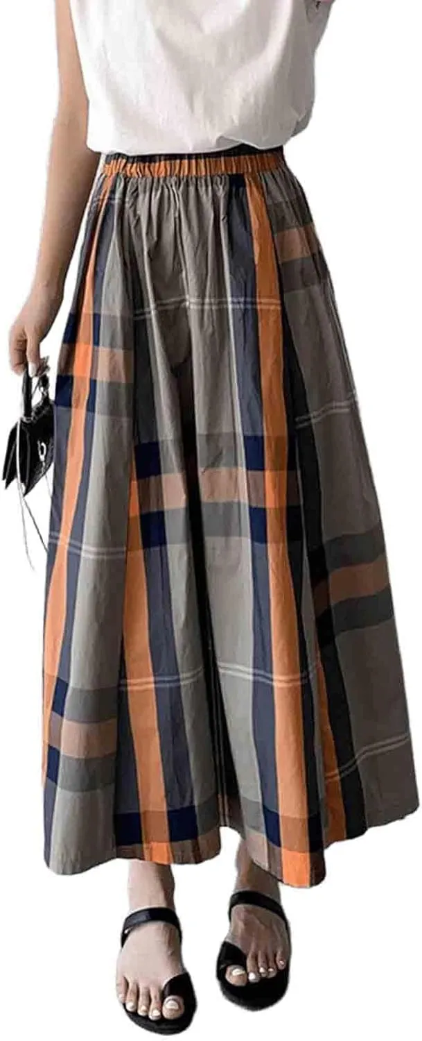 Women's Retro Plaid Loose Half Skirt Japanese Casual Commuting high Waisted Harajuku Long Skirt