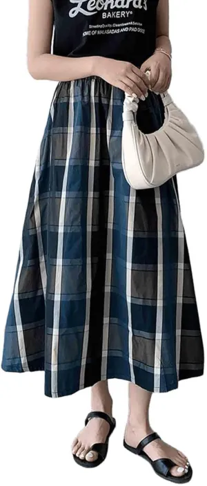 Women's Retro Plaid Loose Half Skirt Japanese Casual Commuting high Waisted Harajuku Long Skirt