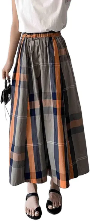 Women's Retro Plaid Loose Half Skirt Japanese Casual Commuting high Waisted Harajuku Long Skirt