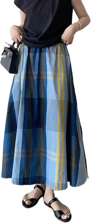 Women's Retro Plaid Loose Half Skirt Japanese Casual Commuting high Waisted Harajuku Long Skirt