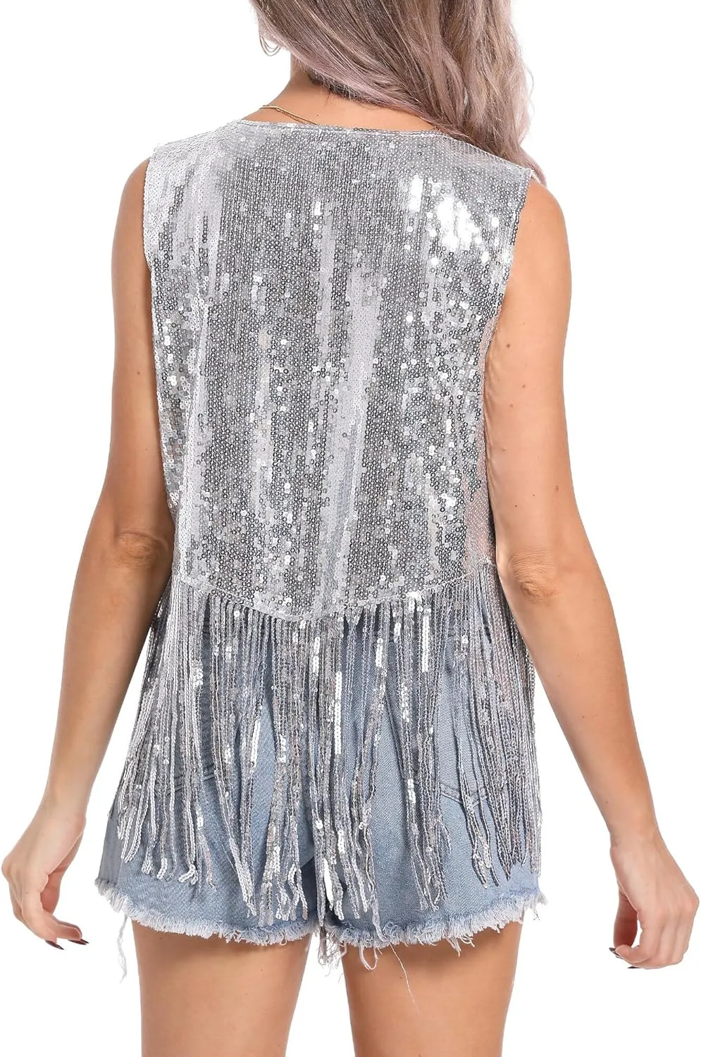 Womens Sequins Fringe Jackets Sleeveless Glitter Tassel Vest Sparky V Neck Open Front Waistcoat Cocktail 2024 Fashion