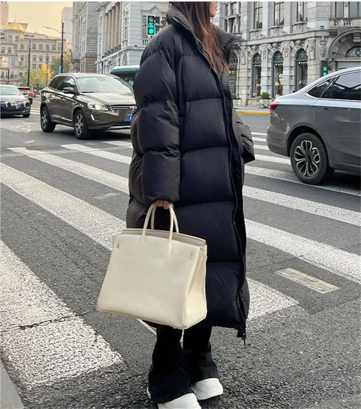 Women's Solid Oversized Thickn Parka Coat Classic Stand Collar Long Cotton-Padded Jacket