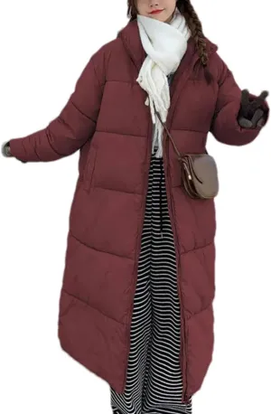 Women's Solid Oversized Thickn Parka Coat Classic Stand Collar Long Cotton-Padded Jacket