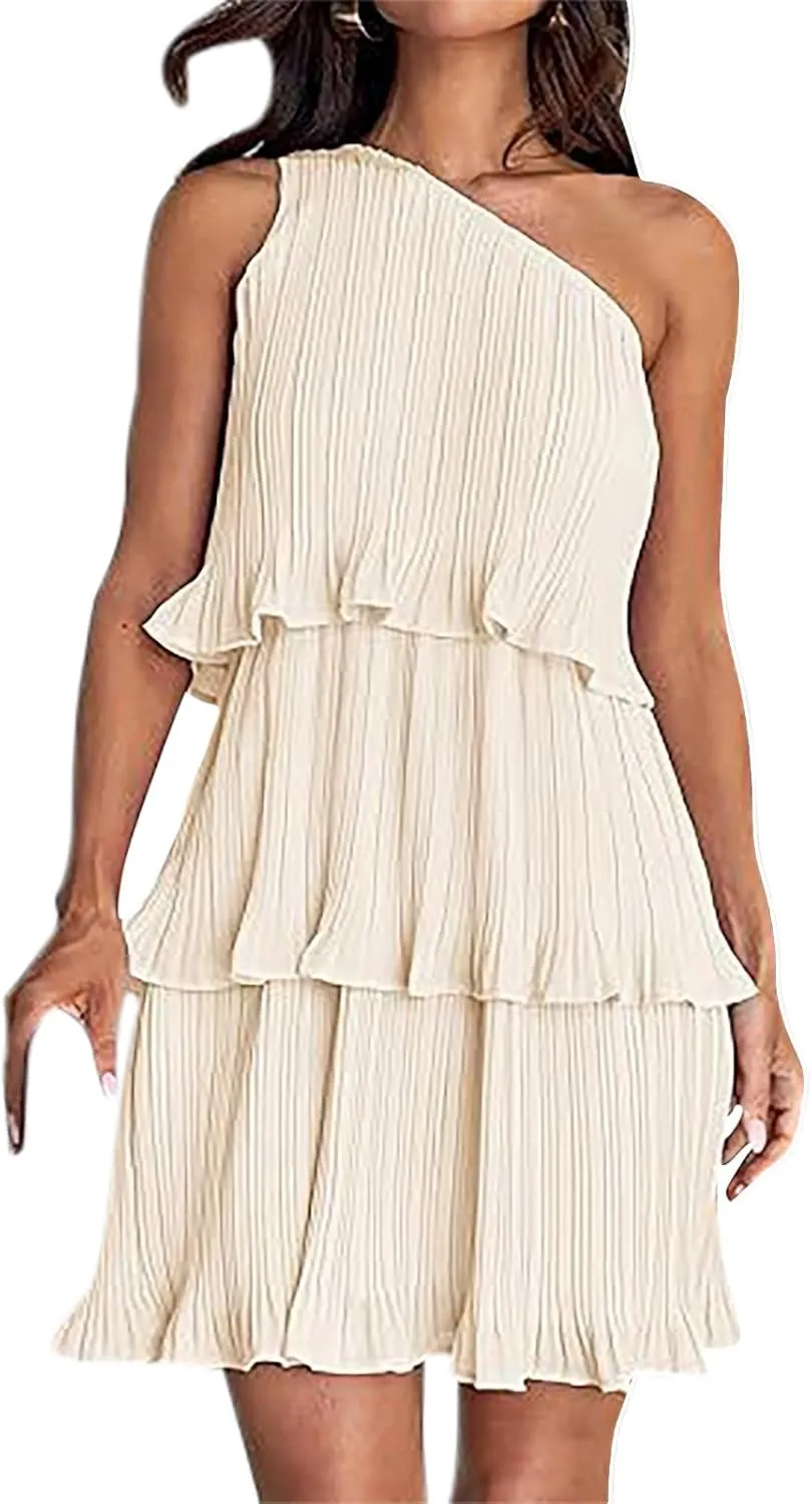 Women's Summer Sleeveless Mini Dress Boho One Shoulder Ruffle Tiered Layered Short Sundress Flowy Casual A Line Dress