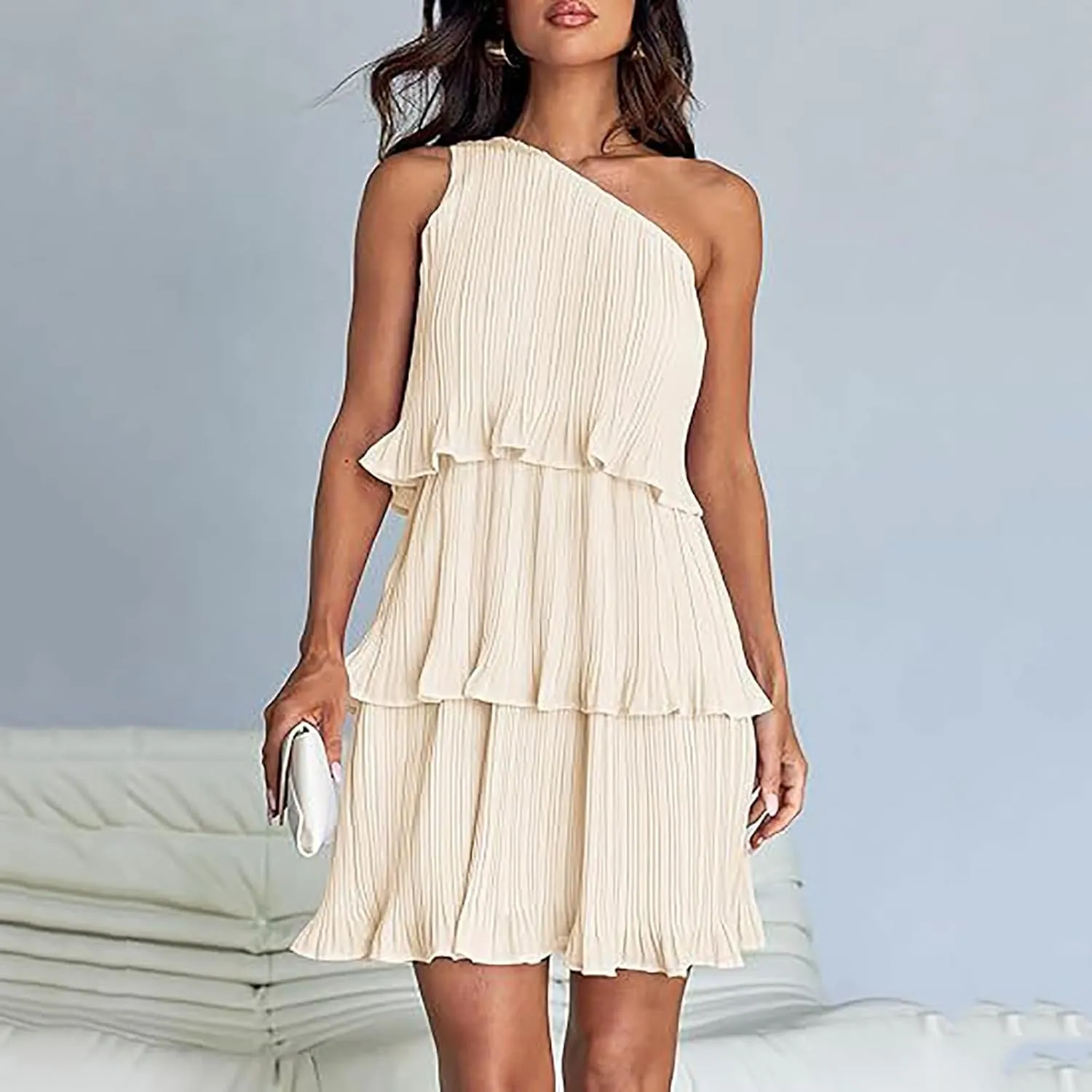 Women's Summer Sleeveless Mini Dress Boho One Shoulder Ruffle Tiered Layered Short Sundress Flowy Casual A Line Dress